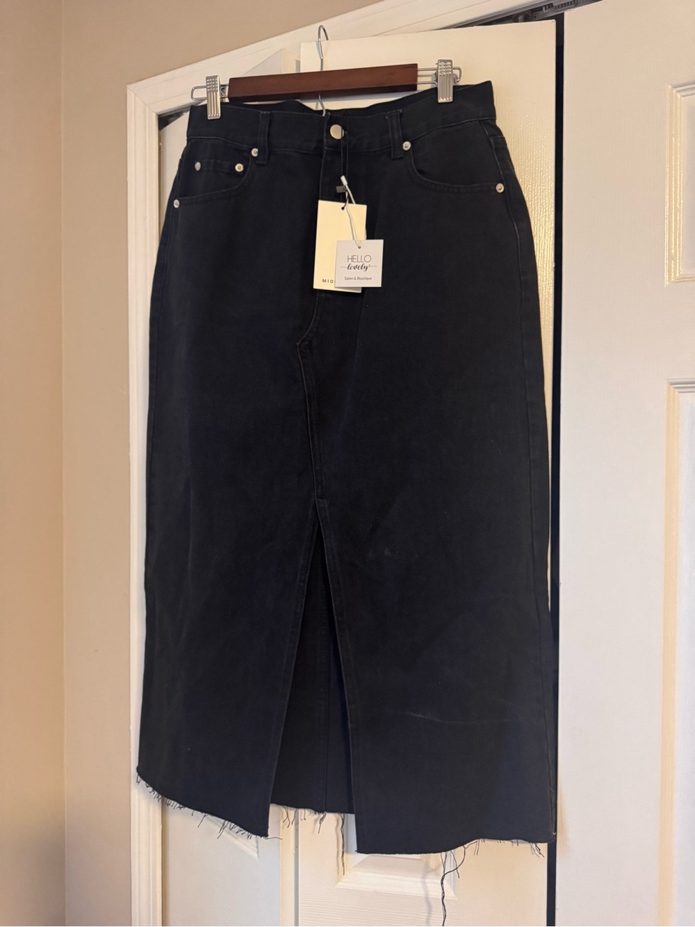 Miou Muse Washed Black Denim Maxi Skirt Front Slit Raw Frayed Hem NWT Large L